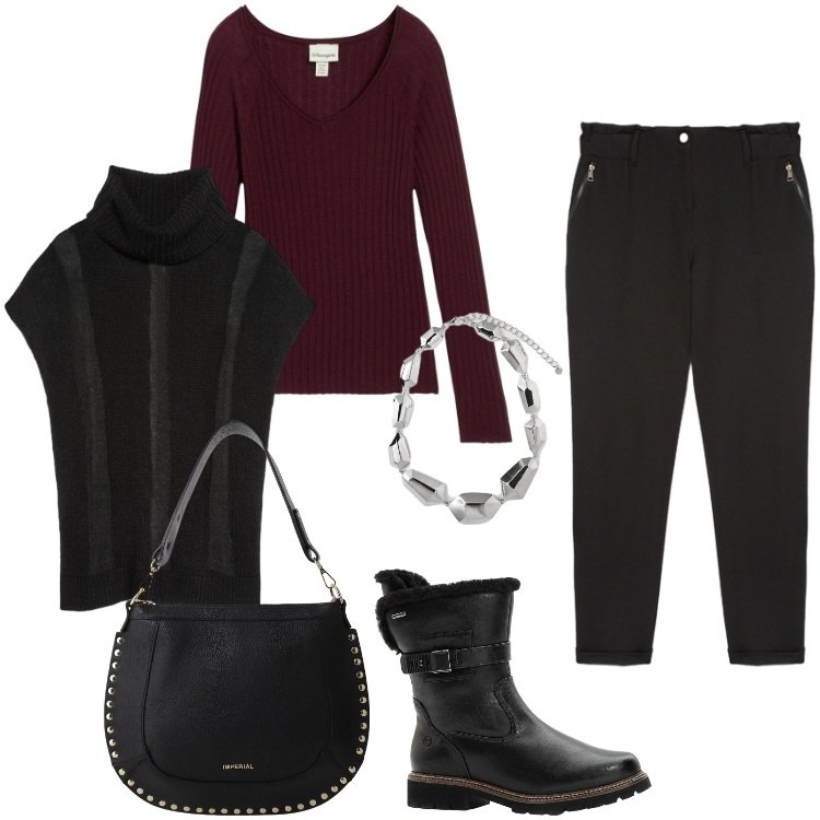 Outfit donna - Total look #2295950. Stile Casual per Tutti i giorni. Abbinamento con stivaletti, maglieria, borse a spalla, gilet, pantaloni, ciondoli.