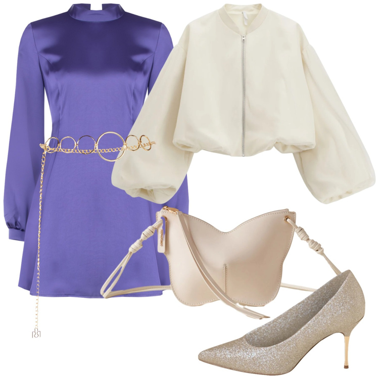 Outfit donna - Il viola in inverno. Stile Chic per Serata fuori. Abbinamento con cinture, vestiti corti, décolleté, bomber, borse a tracolla.