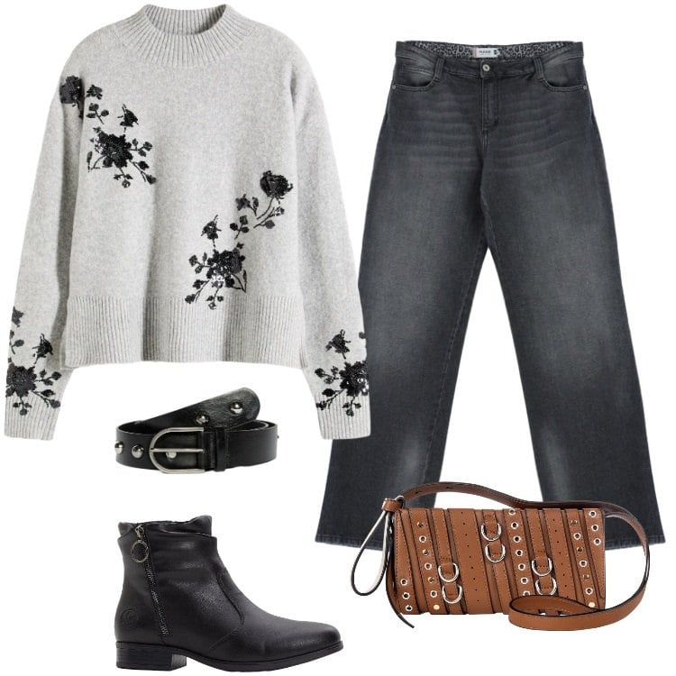 Outfit donna - Total look #2295955. Stile Rock per Tutti i giorni. Abbinamento con maglieria, stivaletti, jeans, borse a spalla, cinture.