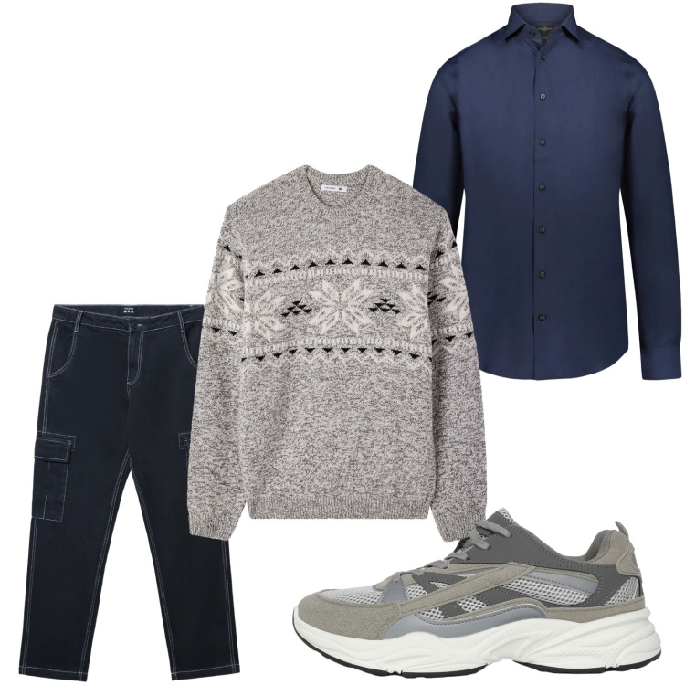 Outfit uomo - Il maglione con stampa. Stile Casual per Tutti i giorni. Abbinamento con sneakers, pantaloni cargo, maglieria, camicie.