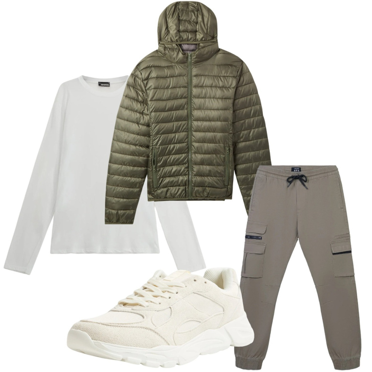 Outfit uomo - La giacca antipioggia. Stile Casual per Tutti i giorni. Abbinamento con sneakers, pantaloni cargo, piumini, maglieria.