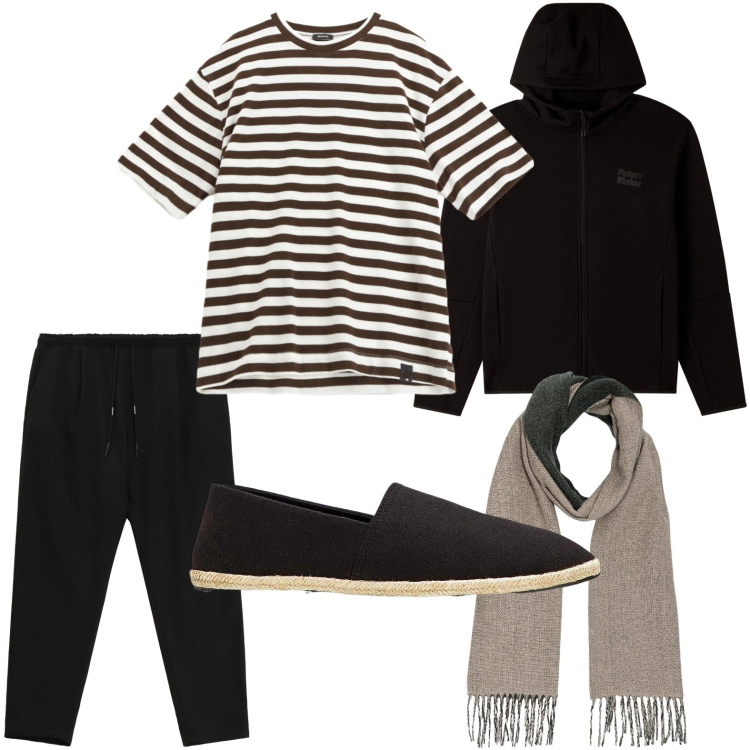 Outfit uomo - Stile casual. Stile Casual per Tutti i giorni. Abbinamento con espadrillas, felpe sportive, t-shirt, pantaloni, sciarpe.