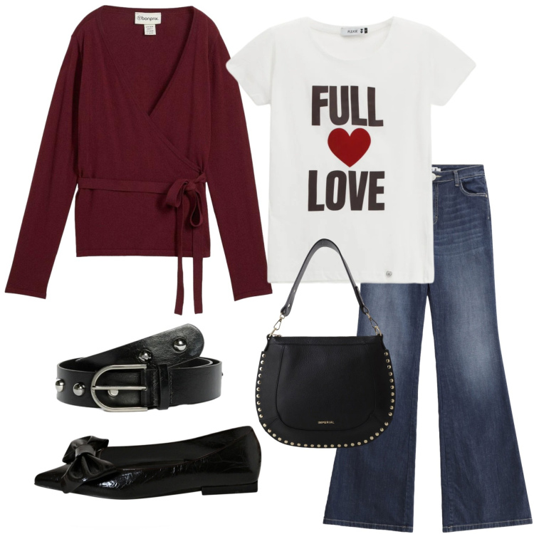 Outfit donna - Casual anni 2000. Stile Casual chic per Tutti i giorni. Abbinamento con cardigans, jeans a zampa, t-shirt, ballerine, borse a spalla, cinture.