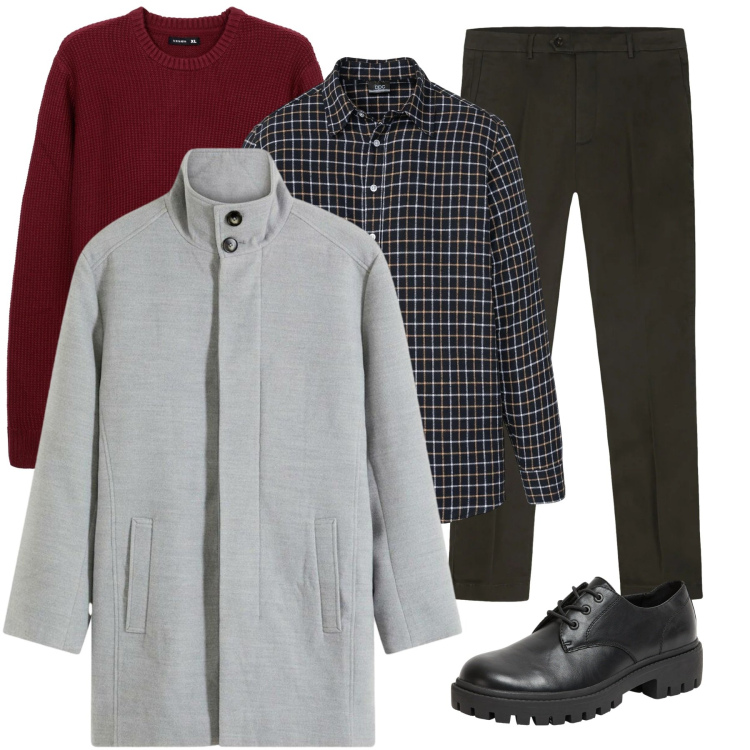 Outfit uomo - Total look #2295972. Stile Casual per Tutti i giorni. Abbinamento con cappotti, camicie, scarpe stringate, maglieria, pantaloni chino.