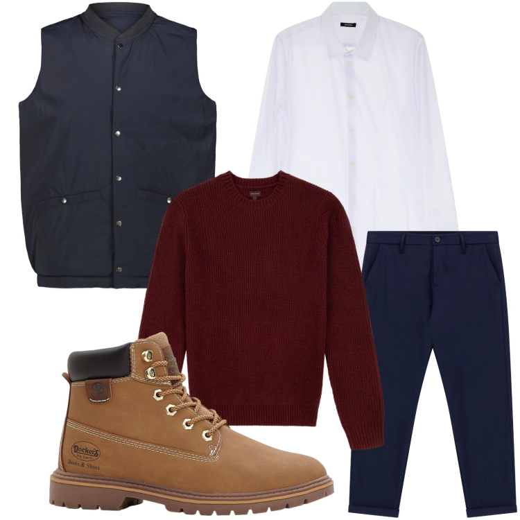 Outfit uomo - Il gilet sportivo. Stile Trendy per Ufficio. Abbinamento con stivali e stivaletti, camicie, pantaloni, piumini, maglieria.