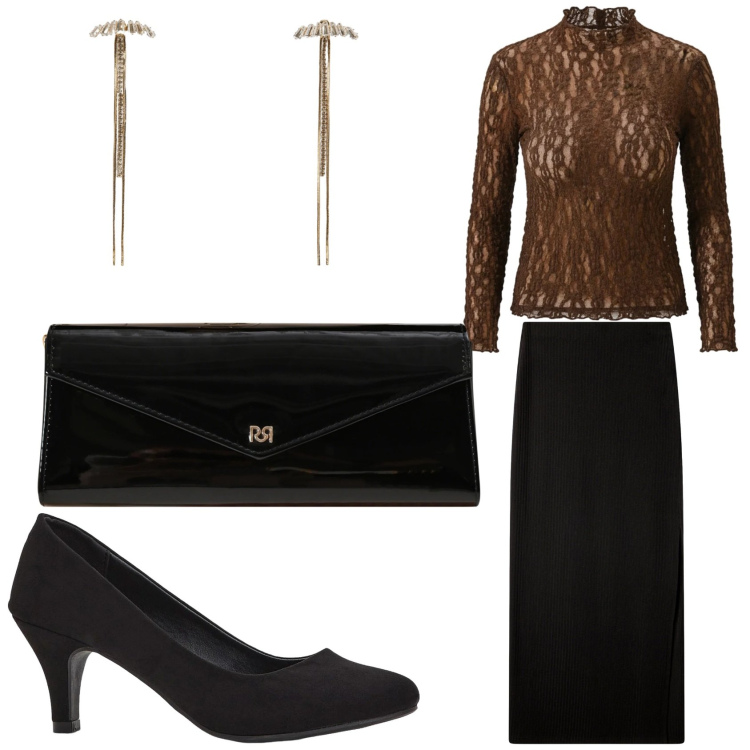 Outfit donna - In pizzo di sera. Stile Glamour per Serata fuori. Abbinamento con décolleté, pochette, bluse, gonne lunghe, orecchini.