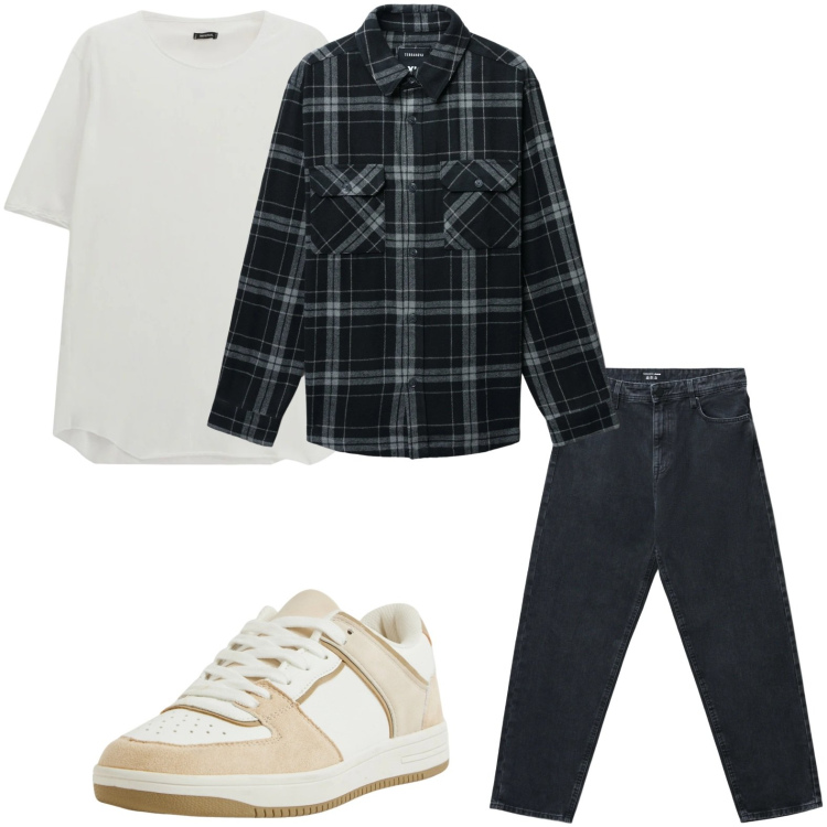 Outfit uomo - Camicia e t-shirt. Stile Casual per Tutti i giorni. Abbinamento con cappotti, sneakers, jeans, t-shirt.