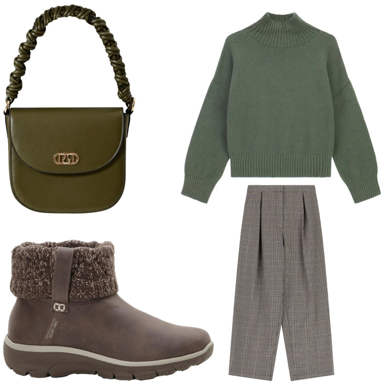 Outfit donna - Il pullover avvolgente. Stile Basic per Tutti i giorni. Abbinamento con stivaletti, borse a mano, pantaloni, maglieria.