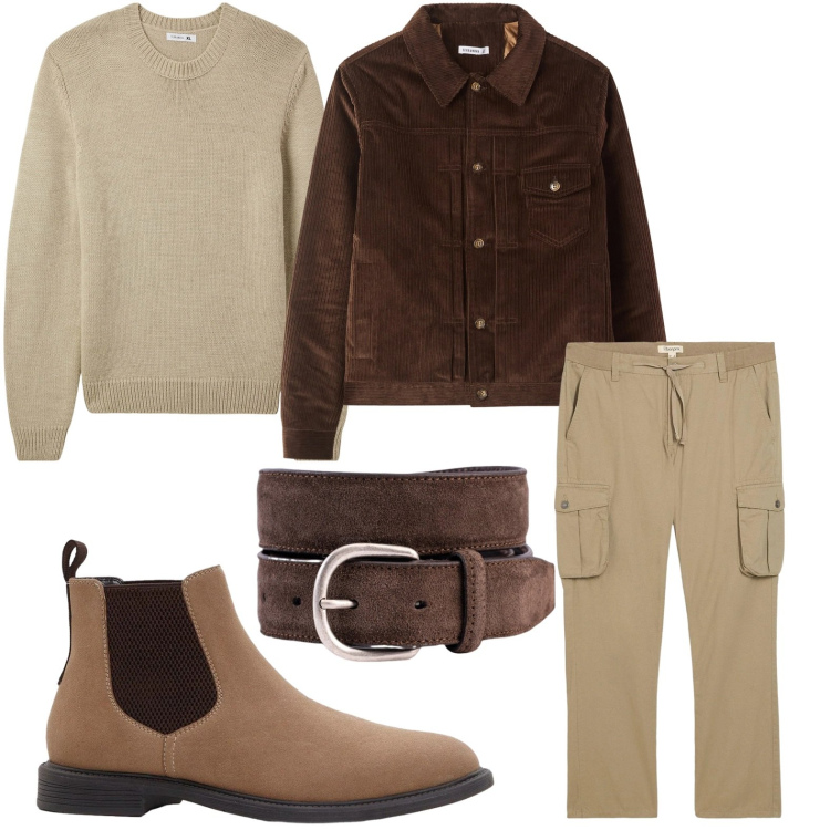 Outfit uomo - Stile Chocolat. Stile Casual per Tutti i giorni. Abbinamento con stivali e stivaletti, pantaloni cargo, maglieria, cappotti, cinture.