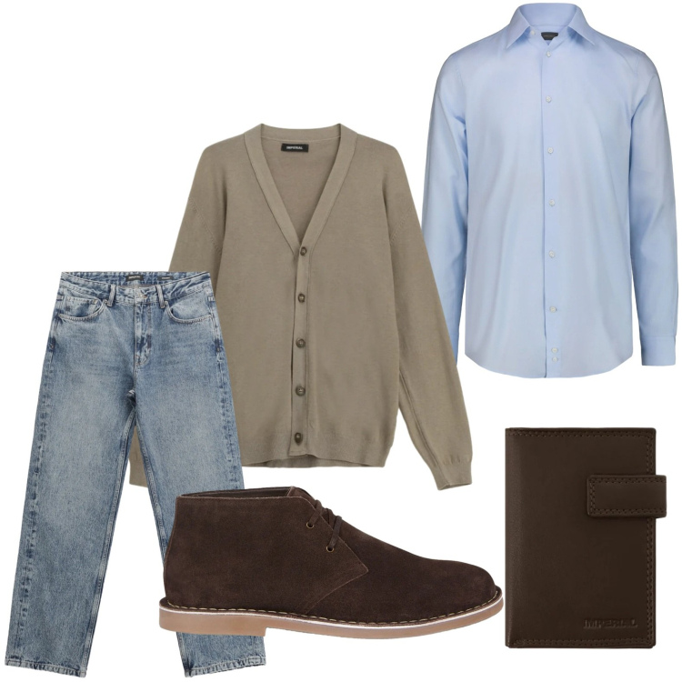 Outfit uomo - Stile metropolitano. Stile Casual per Tutti i giorni. Abbinamento con jeans dritti, cardigans, portafogli, stivali e stivaletti, camicie.