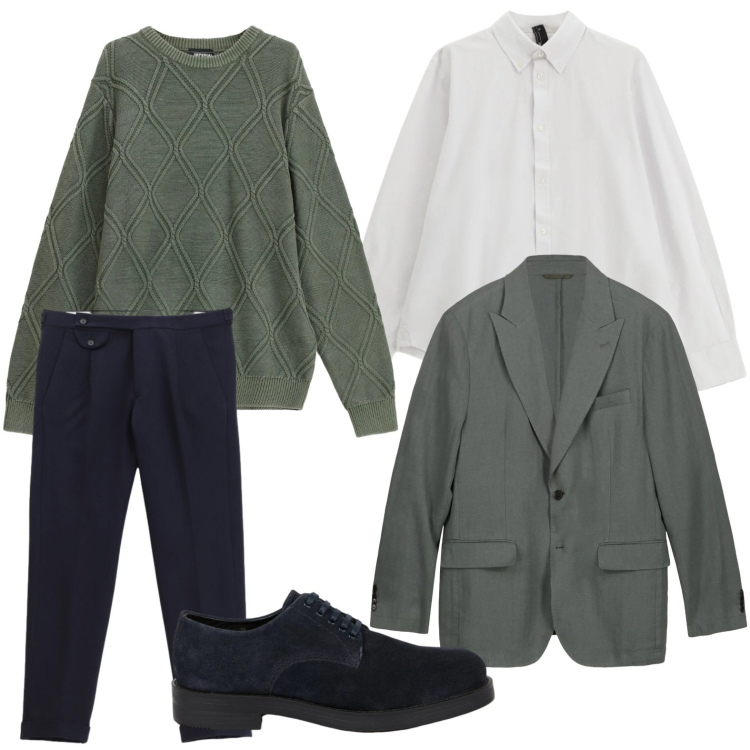 Outfit uomo - Look sofisticato. Stile Casual per Ufficio. Abbinamento con maglieria, camicie, pantaloni, scarpe stringate, giacche.
