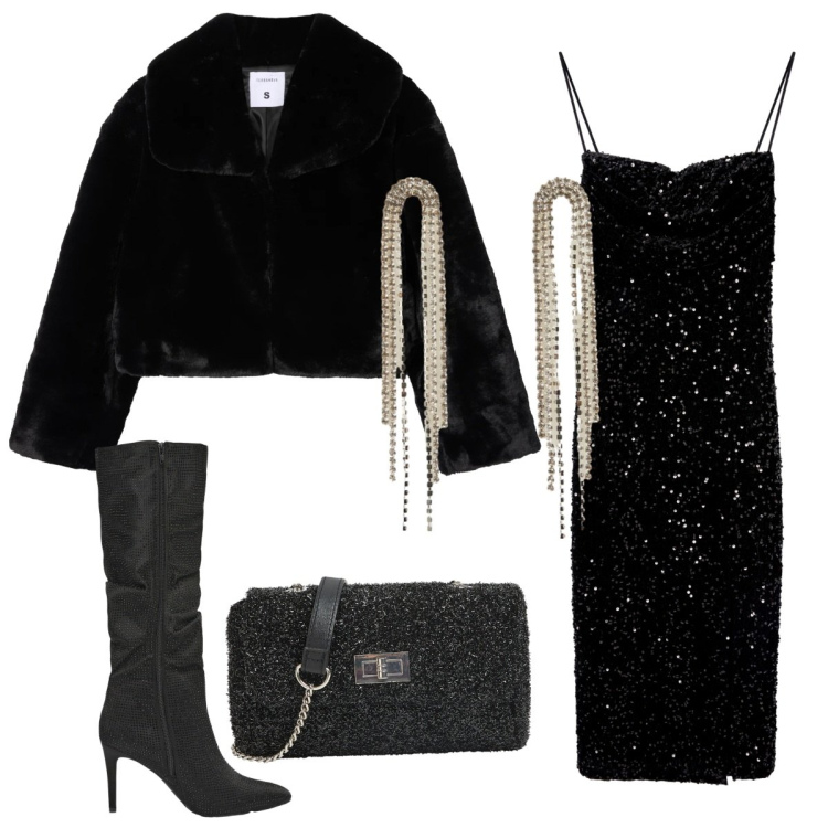 Outfit donna - Terranova -Black Friday. Stile Chic per Serata fuori. Abbinamento con vestiti lunghi, stivali, ecopellicce, orecchini, borse a tracolla.
