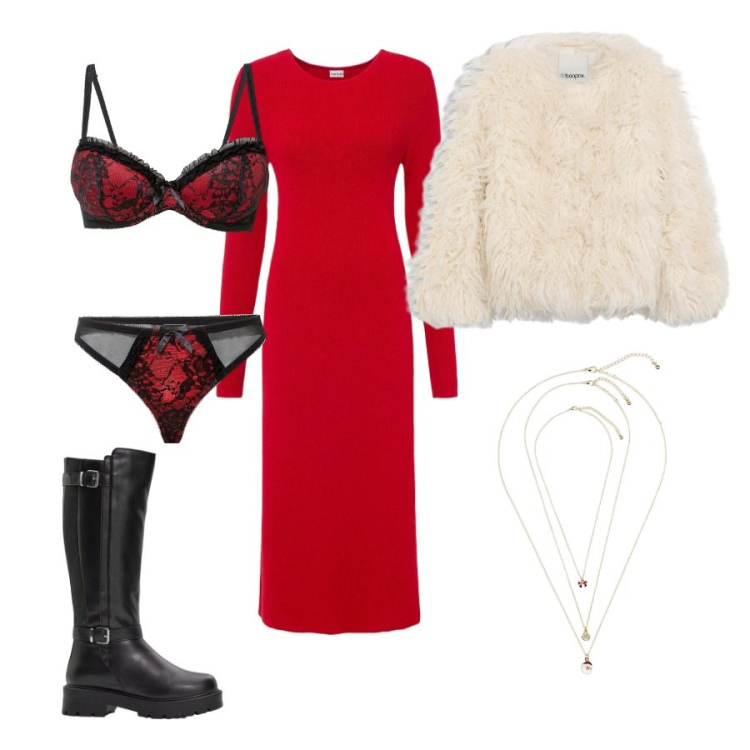Outfit donna - Colazione festiva. Abbinamento con reggiseni, vestiti, ecopellicce, stivali, collane.