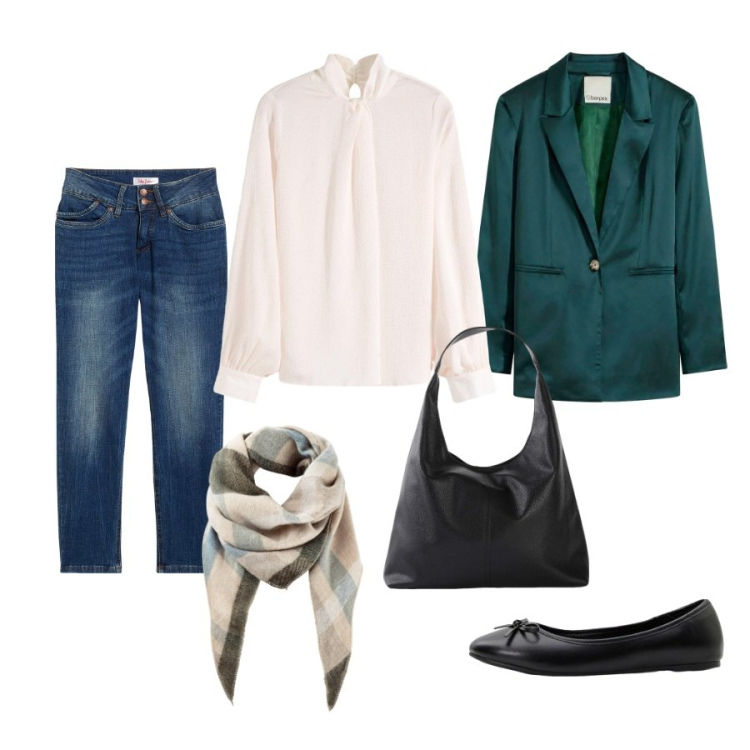 Outfit donna - Total look #2296010. Abbinamento con ballerine, jeans mom, sciarpe, shopping bag, bluse, blazer.