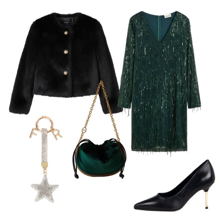 Outfit donna - Cena e paillettes. Abbinamento con vestiti, décolleté, ecopellicce, borse a spalla, portachiavi.