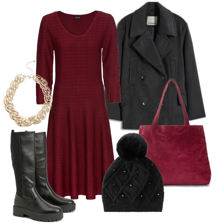 Outfit femme - Novembre. Style Casual chic pour Tous les jours. Assortir avec robes longues, sac cabas, caban, bonnets, colliers, bottes.