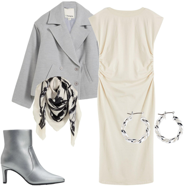 Outfit donna - Party Bonprix. Stile Chic per Serata fuori. Abbinamento con orecchini, caban, foulard, stivaletti, vestiti.