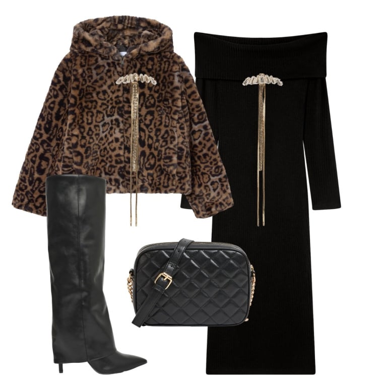Outfit donna - Terranova black Friday. Stile Glamour per Serata fuori. Abbinamento con vestiti lunghi, ecopellicce, orecchini, borse a tracolla, stivali.