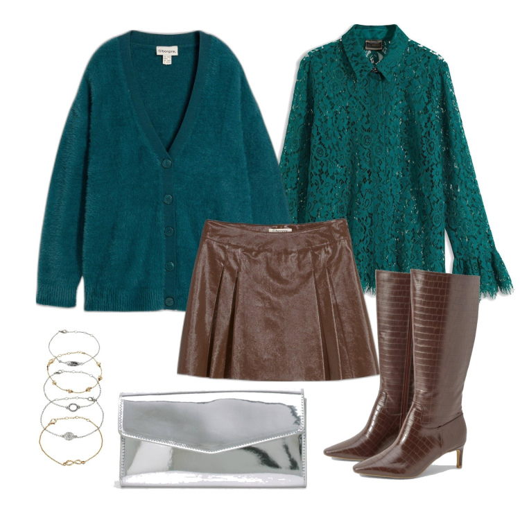Outfit femme - Novembre. Style Glamour pour Tous les jours. Assortir avec chemisiers, bracelets, pulls, minijupes, bottes, pochette.