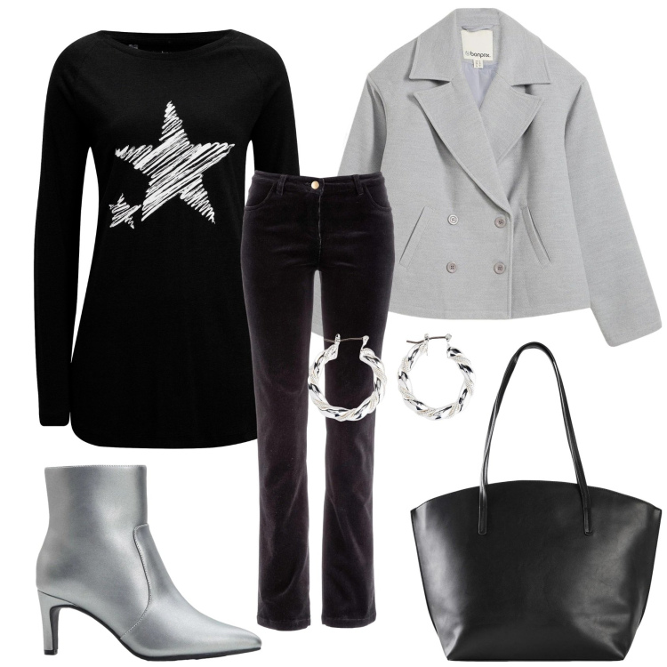 Outfit donna - Total look #2296058. Stile Casual chic per Serata fuori. Abbinamento con caban, pantaloni, orecchini, shopping bag, stivaletti, maglieria.