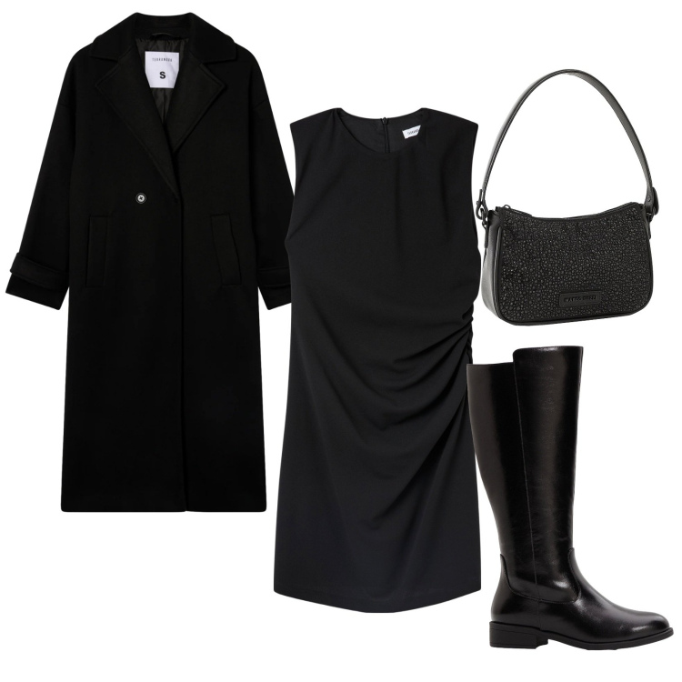 Outfit donna - Total black. Stile Casual chic per Serata fuori. Abbinamento con borse a mano, stivali, vestiti corti, cappotti.