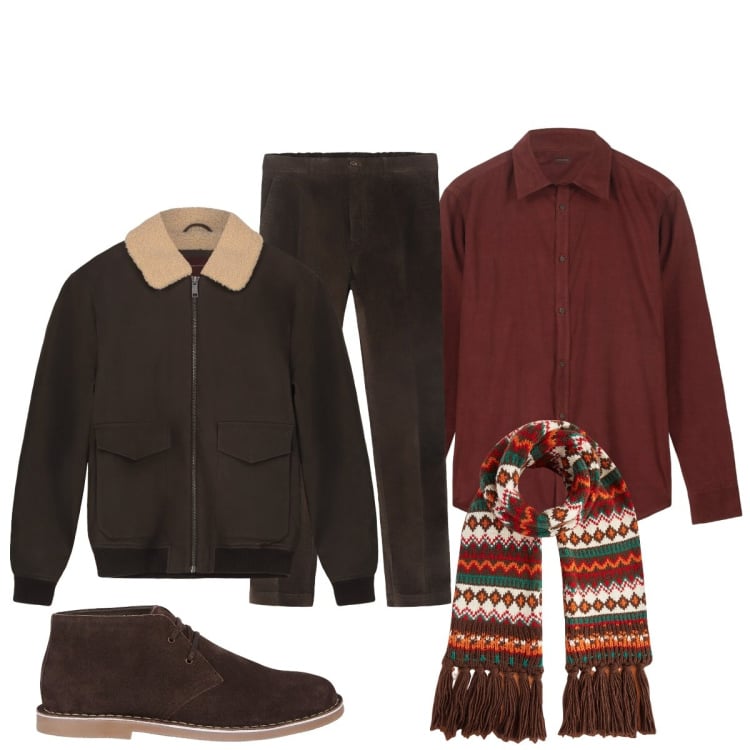 Outfit uomo - Doppelganger. Stile Trendy per Tutti i giorni. Abbinamento con sciarpe, stivali e stivaletti, bomber, camicie, pantaloni.