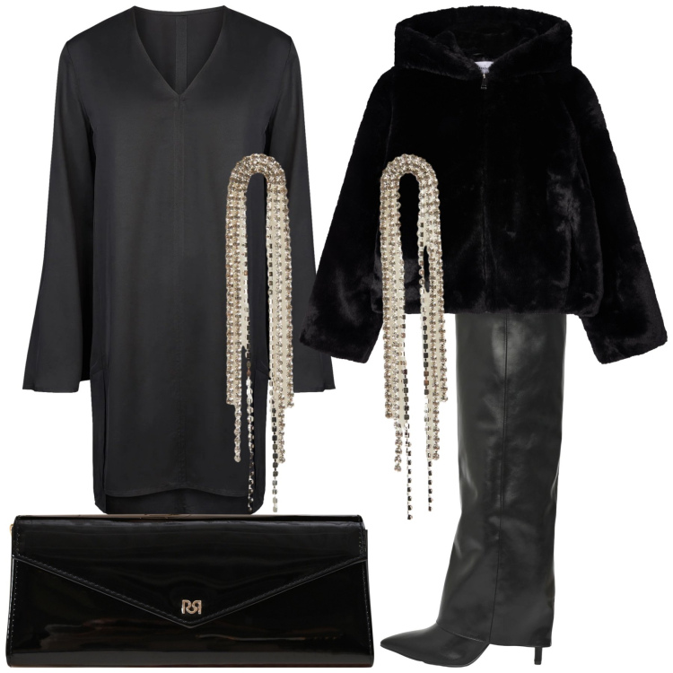 Outfit donna - Così chic. Stile Chic per Serata fuori. Abbinamento con pochette, ecopellicce, stivali, orecchini, vestiti a tubino.