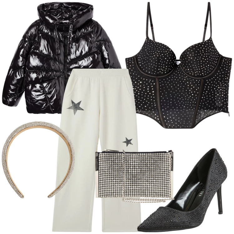 Outfit donna - Luccicante nella notte. Stile Glamour per Serata fuori. Abbinamento con décolleté, pantaloni, bomber, top, cerchietti, pochette.