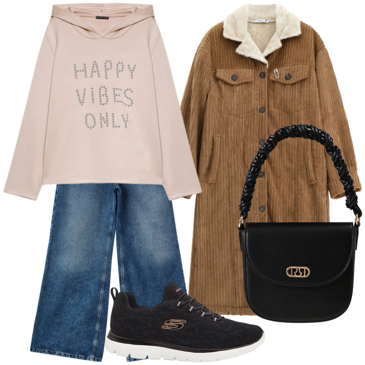 Outfit donna - La borsa elegante nello sportivo. Stile Sporty chic per Tutti i giorni. Abbinamento con sneakers, cappotti, borse a mano, jeans dritti, felpe con cappuccio.