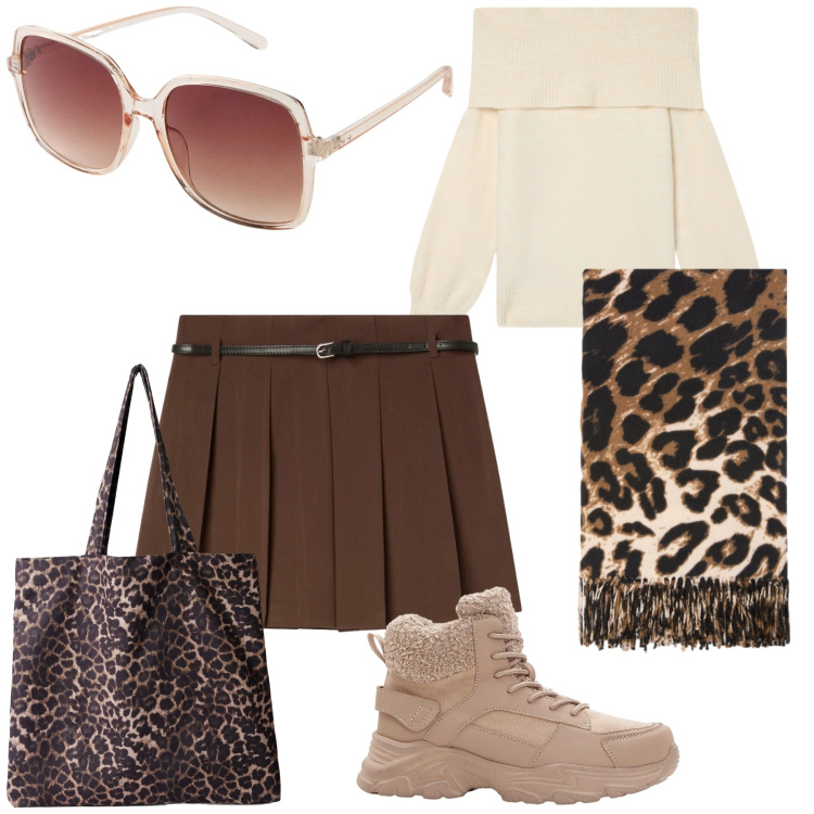 Outfit donna - Piedi al caldo. Stile Trendy per Tutti i giorni. Abbinamento con occhiali da sole, stivaletti, shopping bag, minigonne, maglieria, sciarpe.