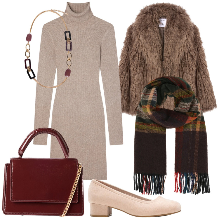 Outfit donna - Oggi per il lavoro. Stile Urban per Ufficio. Abbinamento con décolleté, sciarpe, vestiti corti, ecopellicce, borse a tracolla, collane.