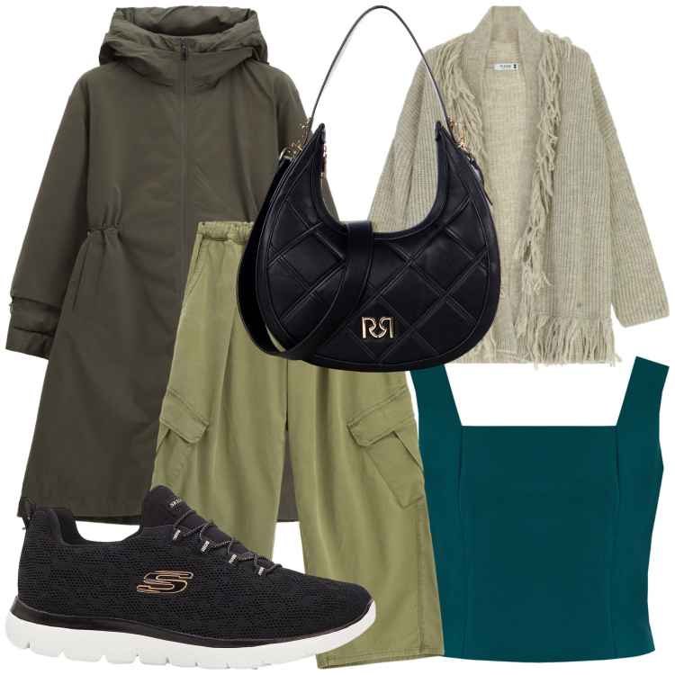 Outfit donna - Green on green. Stile Sporty chic per Tutti i giorni. Abbinamento con sneakers, parka, cardigans, pantaloni cargo, borse a tracolla, top.