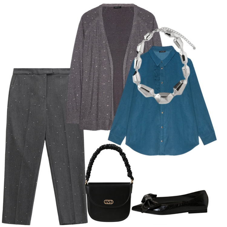 Outfit donna - Total look #2296078. Stile Casual chic per Tutti i giorni. Abbinamento con pantaloni, ballerine, borse a mano, ciondoli, cardigans, camicie.