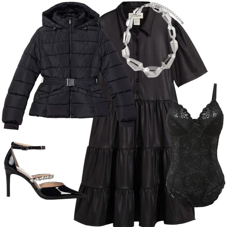 Outfit donna - Quando il gioiello è la scarpa. Stile Chic per Serata fuori. Abbinamento con body, vestiti corti, décolleté, piumini, ciondoli.