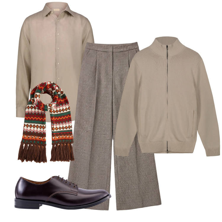 Outfit uomo - Passeggiata. Stile Trendy per Tutti i giorni. Abbinamento con pantaloni a palazzo, sciarpe, camicie, scarpe stringate, cardigans.