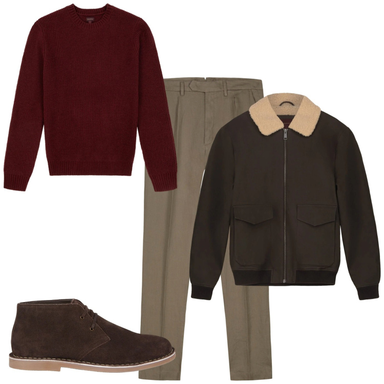Outfit uomo - In marrone. Stile Casual per Tutti i giorni. Abbinamento con pantaloni, maglieria, stivali e stivaletti, bomber.