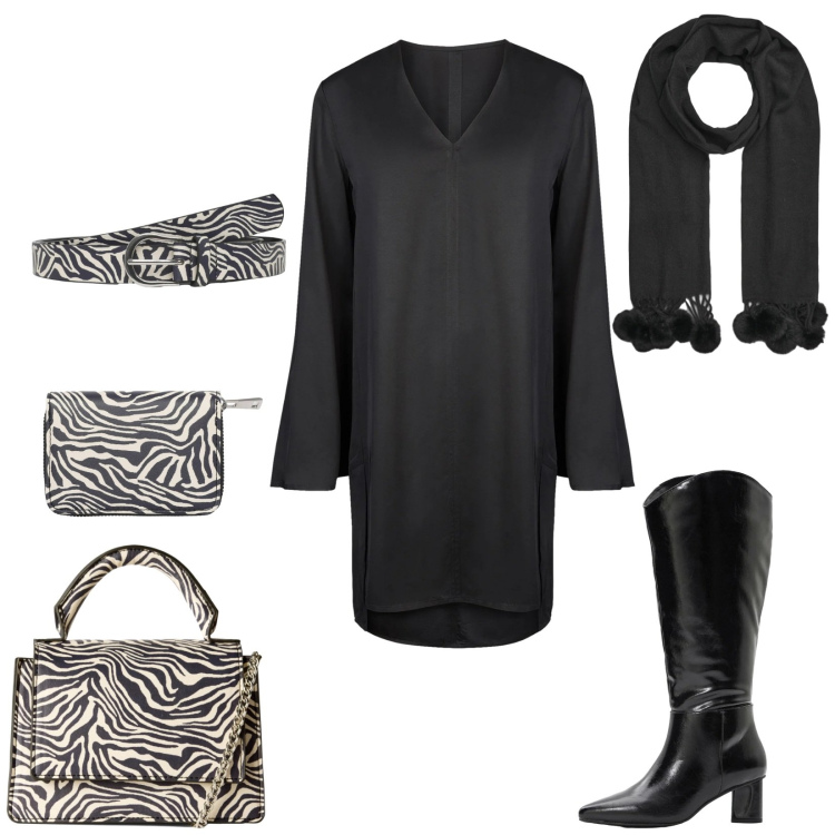 Outfit donna - Accessori zebrati. Stile Chic per Serata fuori. Abbinamento con stivali, borse a tracolla, sciarpe, cinture, portafogli, vestiti a tubino.