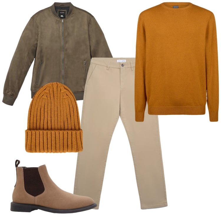 Outfit uomo - Elementi zafferano. Stile Casual per Tutti i giorni. Abbinamento con stivali e stivaletti, pantaloni chino, giacche, maglieria, berretti.