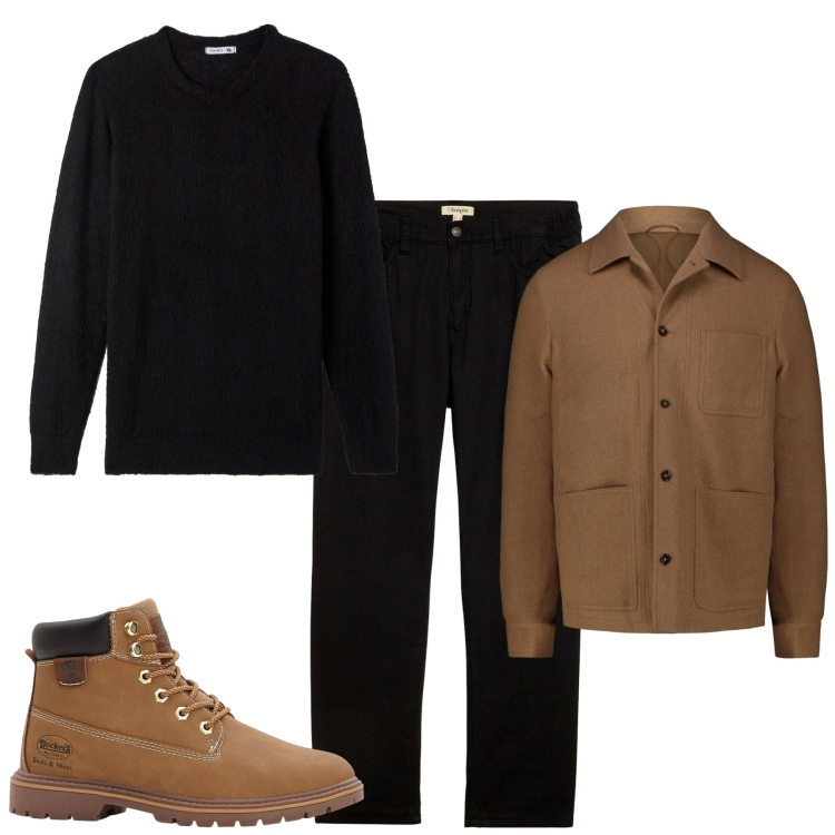 Outfit uomo - Nero e tobacco\'s. Stile Casual per Tutti i giorni. Abbinamento con stivali e stivaletti, pantaloni, maglieria, cappotti.