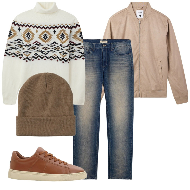 Outfit uomo - Inverno. Stile Casual per Tutti i giorni. Abbinamento con sneakers, jeans dritti, maglieria, bomber, berretti.
