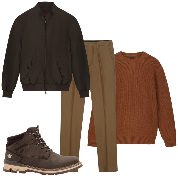 Outfit uomo - Un fine settimana. Stile Casual per Tutti i giorni. Abbinamento con stivali e stivaletti, pantaloni, bomber, maglieria.