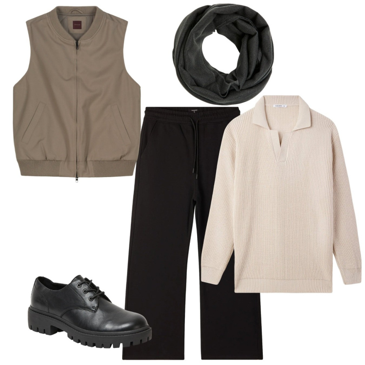 Outfit uomo - Loose. Stile Casual per Tutti i giorni. Abbinamento con sciarpe, scarpe stringate, pantaloni, maglieria, piumini.