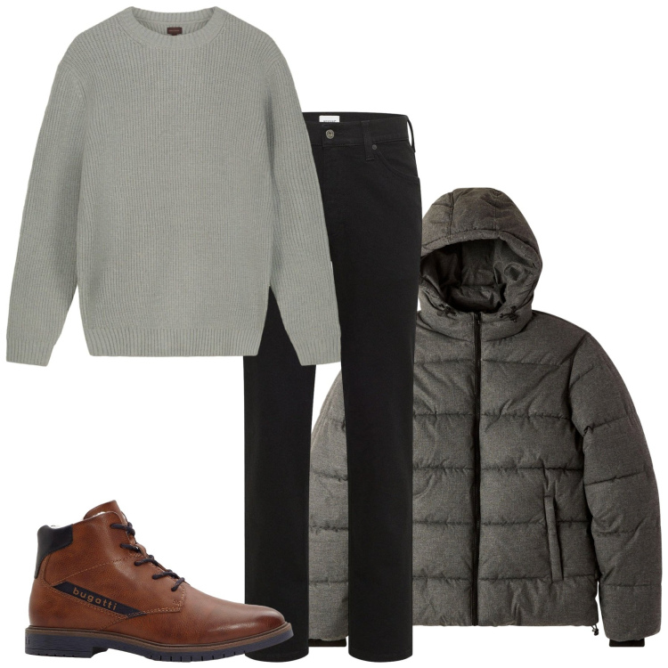 Outfit uomo - Grigio e caldo. Stile Casual per Tutti i giorni. Abbinamento con jeans dritti, anfibi, bomber, maglieria.
