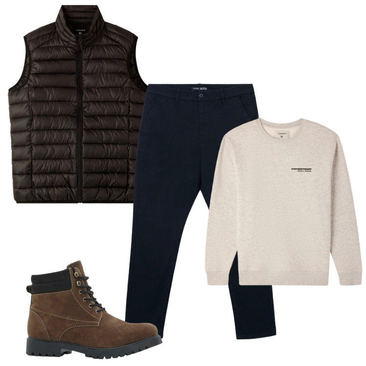 Outfit uomo - Contrasti. Stile Casual per Tutti i giorni. Abbinamento con stivali e stivaletti, pantaloni chino, felpe, piumini.