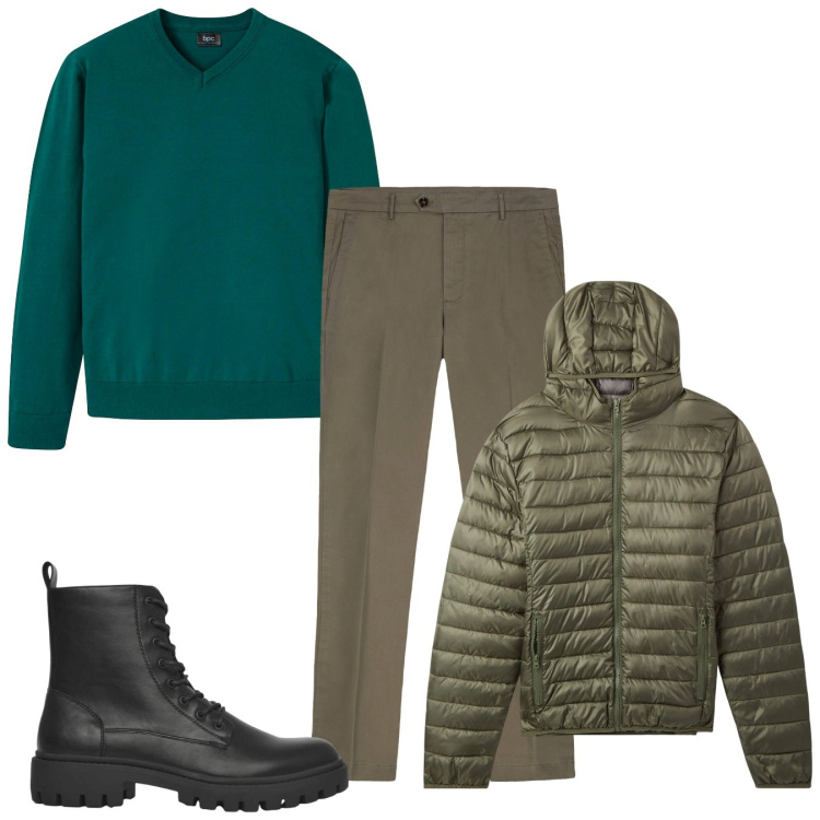 Outfit uomo - Green winter. Stile Casual per Tutti i giorni. Abbinamento con maglieria, anfibi, piumini, pantaloni chino.