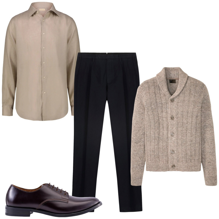 Outfit uomo - Elegante e comodo. Stile Casual per Tutti i giorni. Abbinamento con cardigans, camicie, scarpe stringate, pantaloni.
