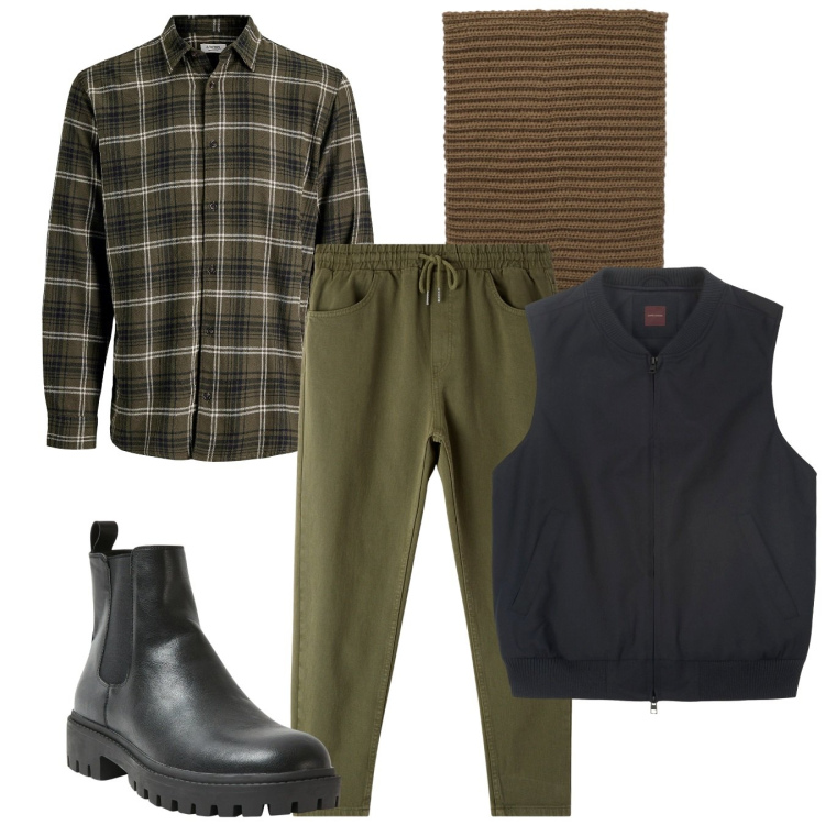 Outfit uomo - Una serata tra amici. Stile Casual per Tutti i giorni. Abbinamento con camicie, pantaloni, stivali e stivaletti, scaldacollo, piumini.