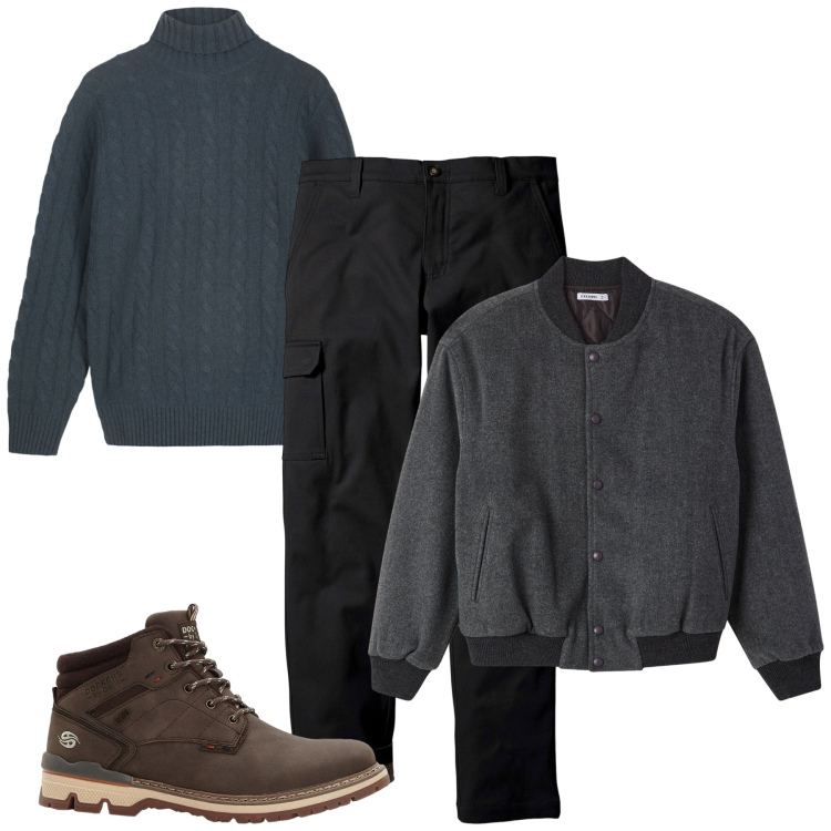 Outfit uomo - Il bomber. Stile Casual per Tutti i giorni. Abbinamento con pantaloni cargo, stivali e stivaletti, bomber, maglieria.