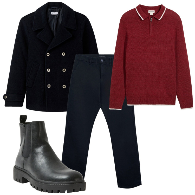 Outfit uomo - Rosso e nero. Stile Casual per Tutti i giorni. Abbinamento con maglieria, stivali e stivaletti, cappotti, pantaloni chino.