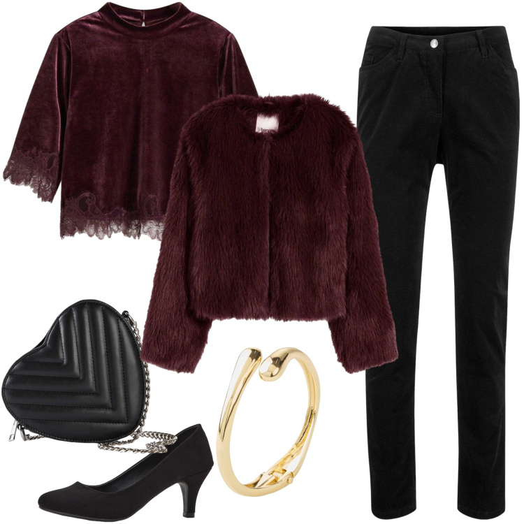 Outfit donna - Bonprix Party Black Romance. Stile Glamour per Serata fuori. Abbinamento con borse a tracolla, pantaloni, décolleté, braccialetti, ecopellicce, bluse.